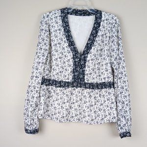 MADEWELL| Embroidered Black and White Floral V-Neck Lined Blouse Size XXL